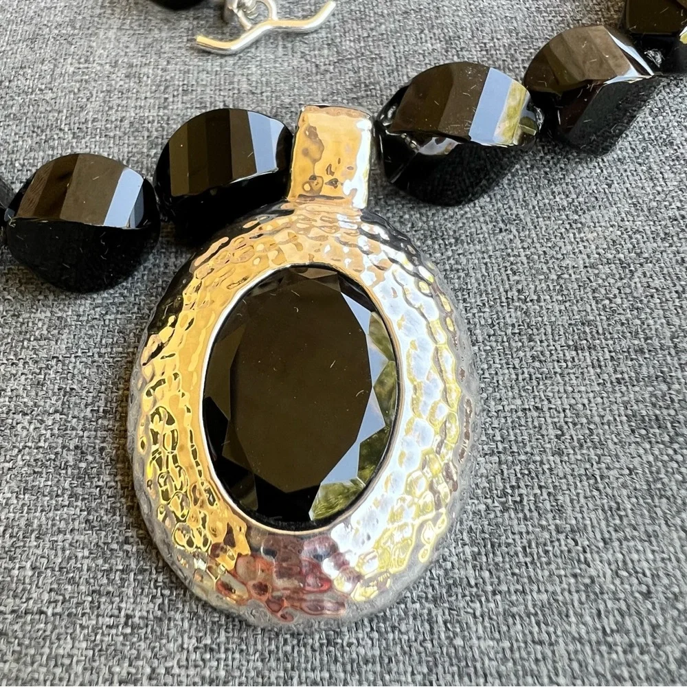 Black Beaded Necklace with Silver-Tone Pendant